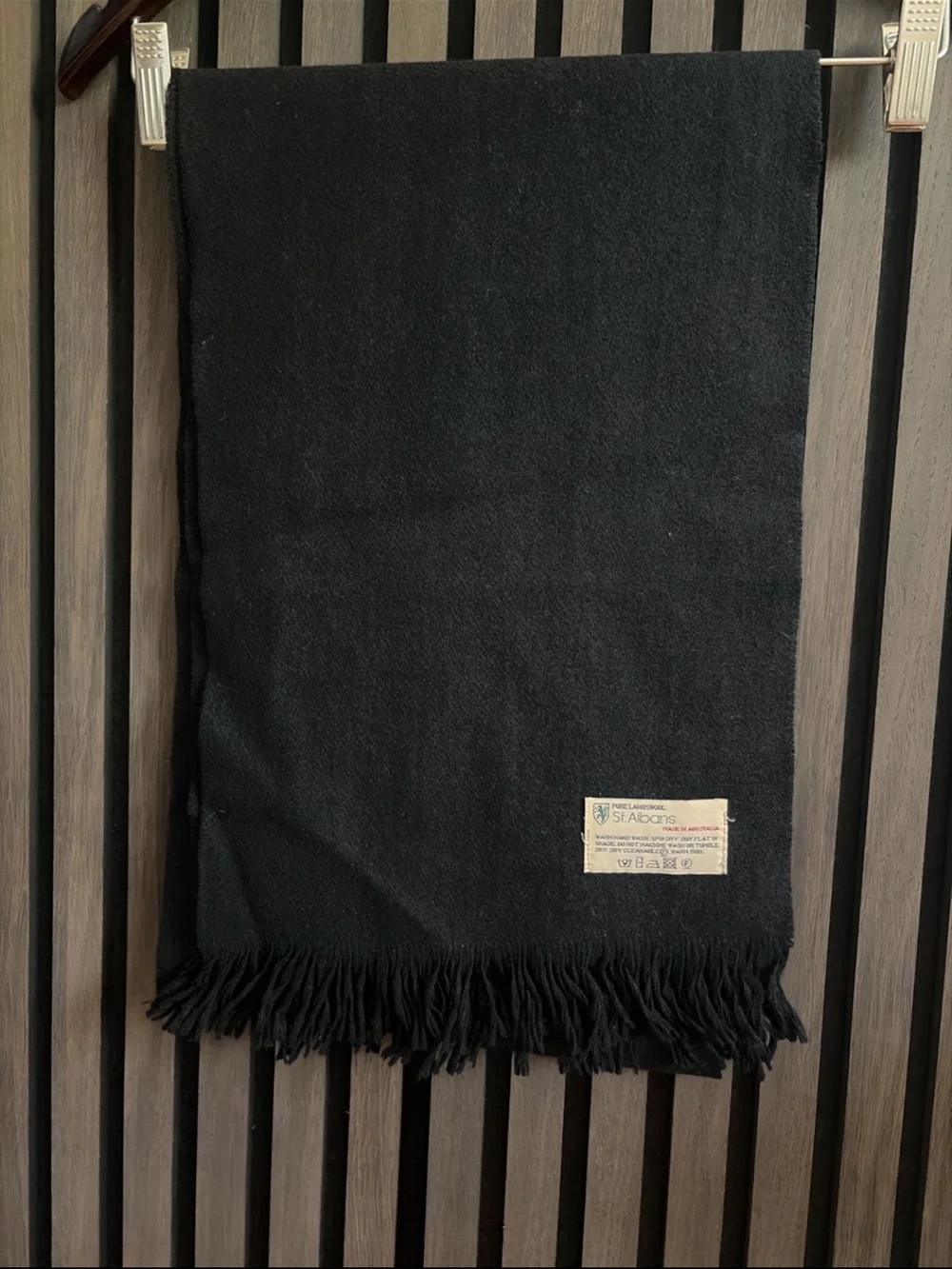 St Albans Pure Lambswool Scarf Black Fringe Made in Australia Soft Wool 12x72